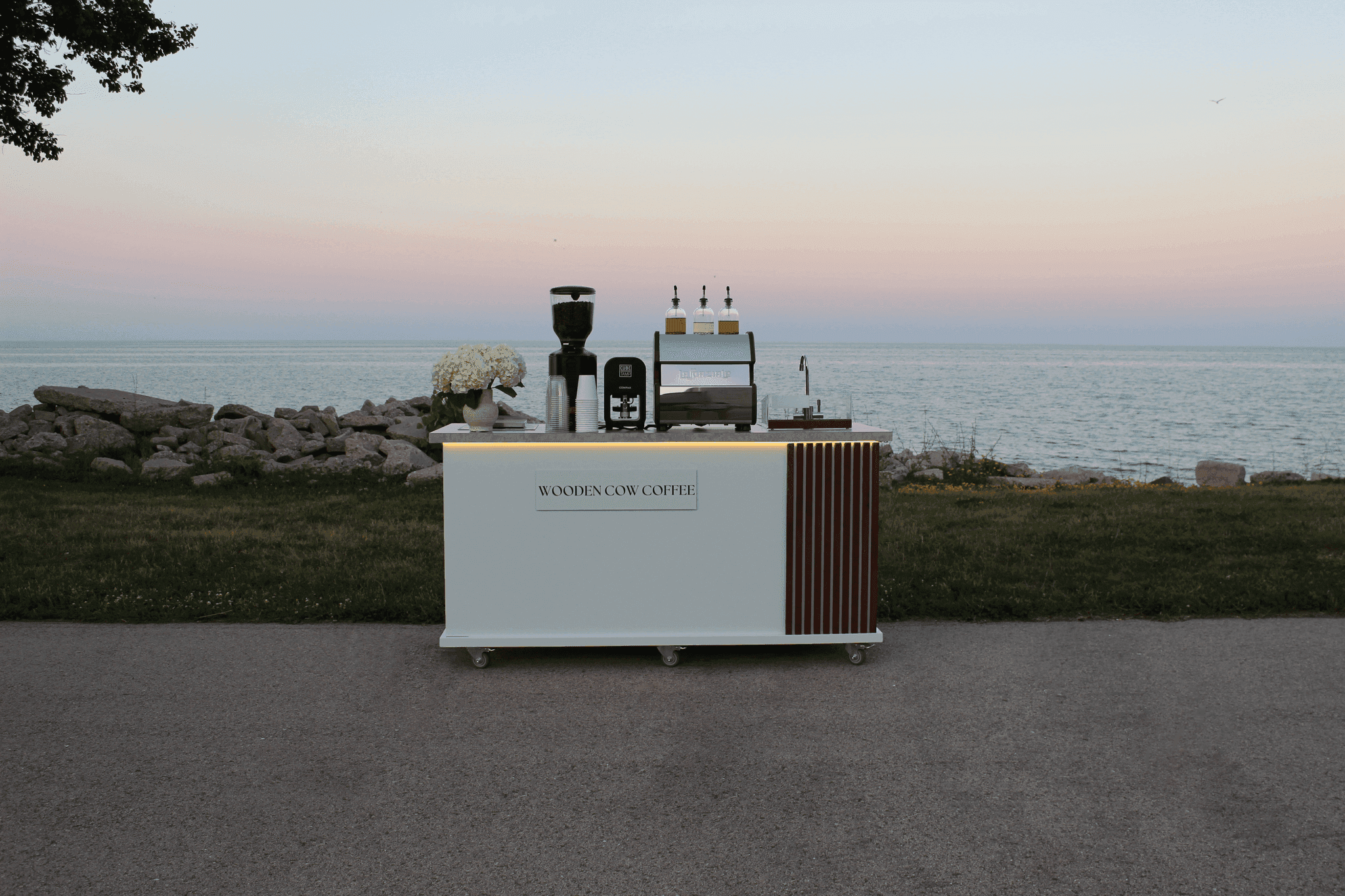 Wooden Cow Coffee mobile espresso bar setup for an event in Madison, Wisconsin