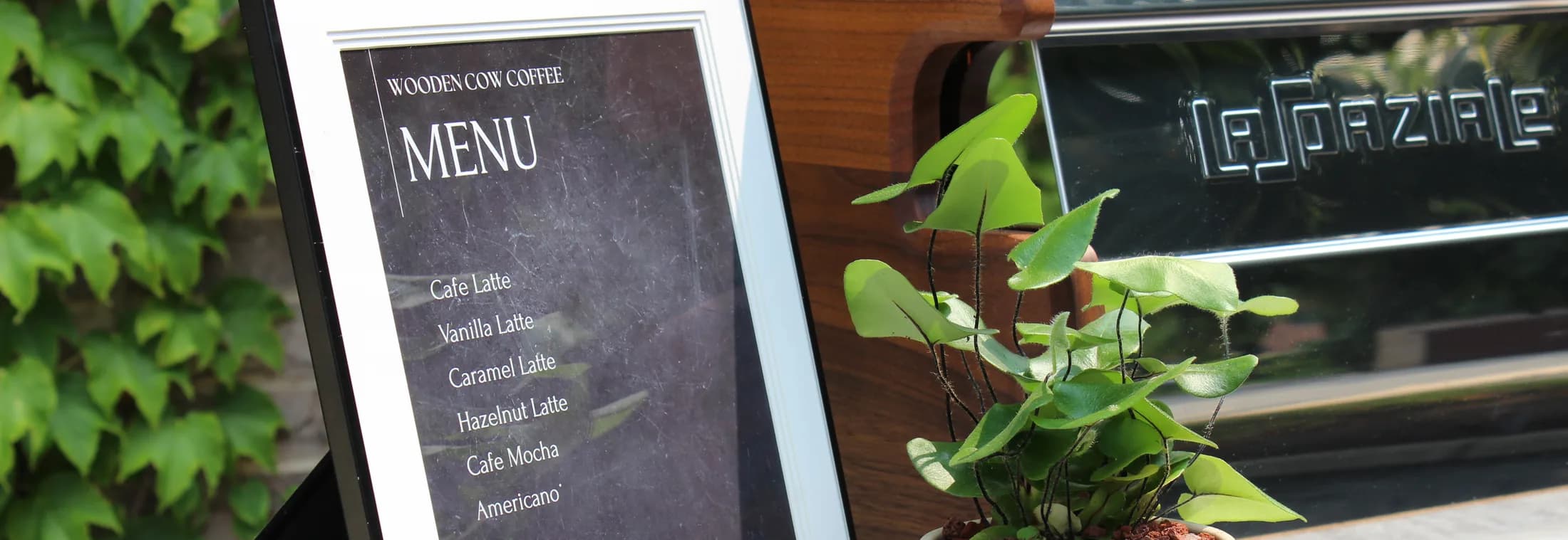 The cart counter styled for an event: framed menu, potted plant and the espresso machine on the walnut edge
