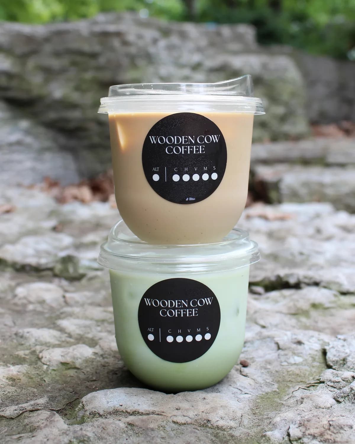 A Wooden Cow Coffee oat latte stacked on an iced matcha, on limestone