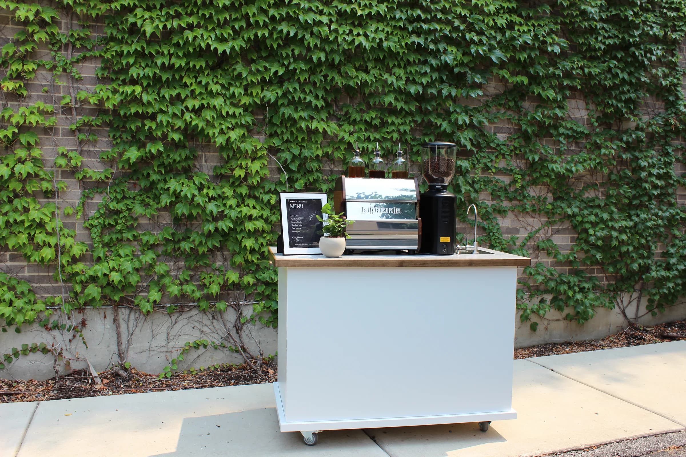 The smaller cart up close: menu board, plant, espresso machine, and grinder on the walnut counter in front of the ivy wall